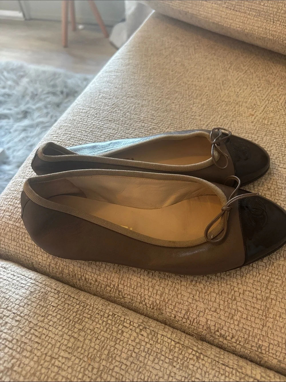 CHANEL Taupe Leather Ballet Flats with Black Patent Cap Toe